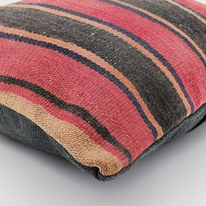 Turkish Kilim Pillow Cover|Red Black Striped Kelim Cushion Case|Anatolian Vintage Throw Pillow Top|Handwoven Rug Design Cushion Case 16x16
