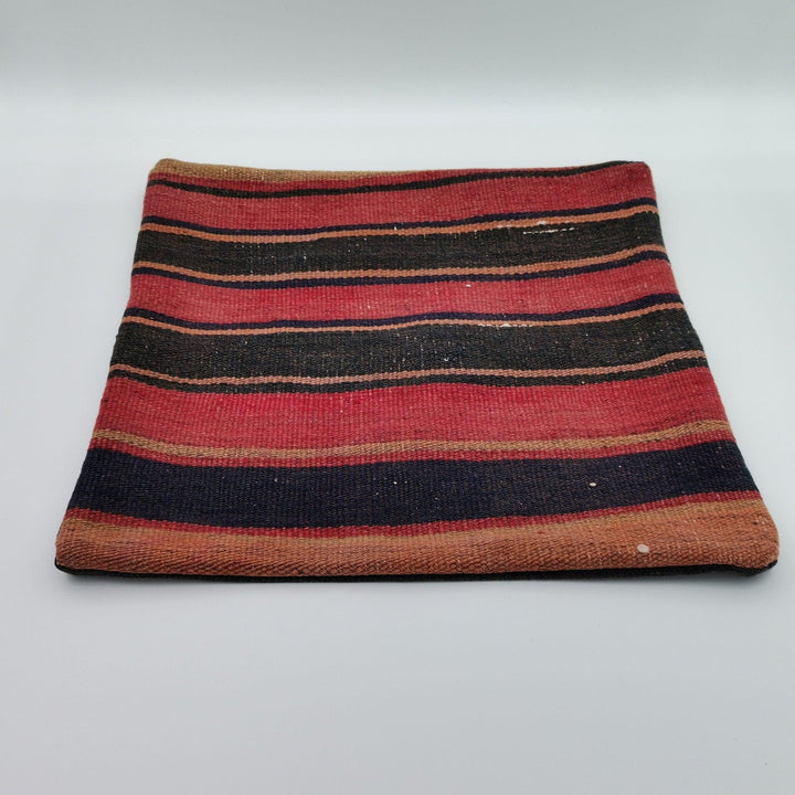 Turkish Kilim Pillow Cover|Red Black Striped Kelim Cushion Case|Anatolian Vintage Throw Pillow Top|Handwoven Rug Design Cushion Case 16x16