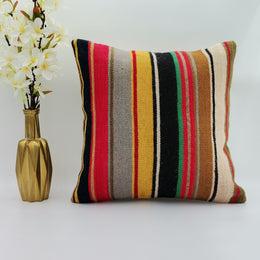 Turkish Kilim Pillow Cover|Colorful Vintage Kelim Cushion Case with Stripes|Ethnic Anatolian Throw Pillow Top|Farmhouse Handwoven Rug 16x16