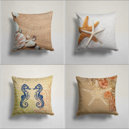Nautical Pillow Case|Beige Starfish Cushion Cover|Navy Marine Pillowcase|Beach House Decor|Seahorse and Seashell Coastal Throw Pillow Cover