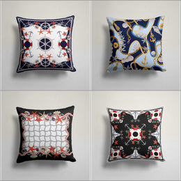 Nautical Pillow Case|Anchor and Orange Starfish Print Cushion Cover|Navy Marine Pillowcase|Beach House Decor|Geometric Coastal Throw Pillow