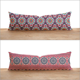 Long Lumbar Pillow Cover|Geometric Pattern Bolster Cushion Case|Farmhouse Style Oversized Lumbar Pillow|Abstract Design Long Bedding Decor
