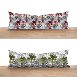 Long Lumbar Pillow Cover|Elephant Print Bolster Cushion Case|Tropical Tree Oversized Lumbar Pillow Top|Big Gray Elephant Long Bedding Decor