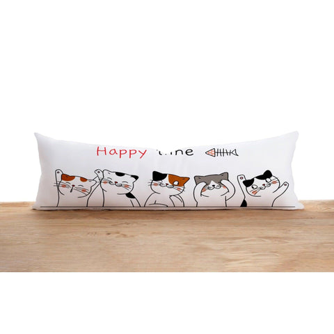 Long Lumbar Pillow Cover|Cats and Fishbone Bolster Cushion Case|Happy Time Print Oversized Lumbar Pillow Top|Cute Cat Long Bedding Decor