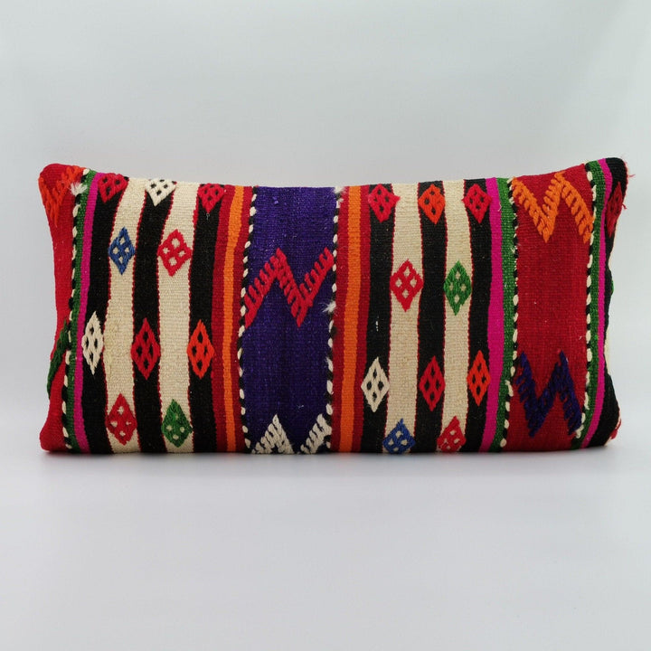 Turkish Kilim Pillow Cover|Farmhouse Vintage Kelim Cushion Case|Rustic Lumbar Pillow Top|Handwoven Anatolian Rug Design Cushion Case 12x24