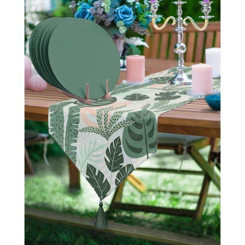 Abstract Leaves Runner & Placemat Set|Decorative Tabletop|Set of 6 Supla Table Mat|Green Leaf Table Runner and American Service Underplate