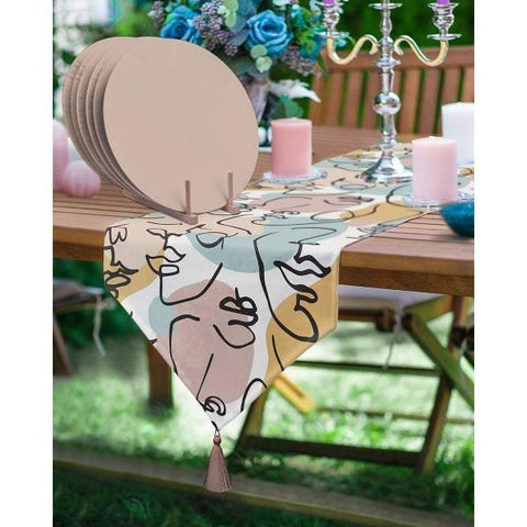 Onedraw Runner & Placemat Set|Decorative Tabletop|Set of 6 Supla Table Mat|Abstract Woman Face Print Tablecloth and Round American Service