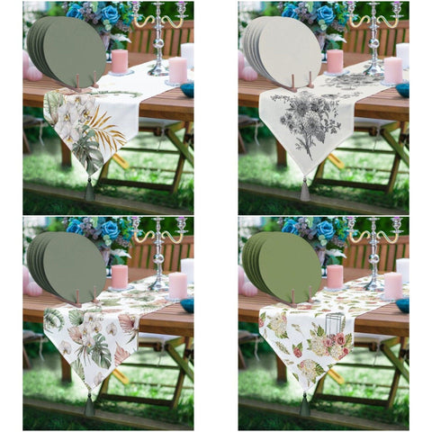 Green Floral Runner & Placemat Set|Tropical Tabletop|Set of 6 Supla Table Mat|Triangle Runner with Leaves and American Service Underplate
