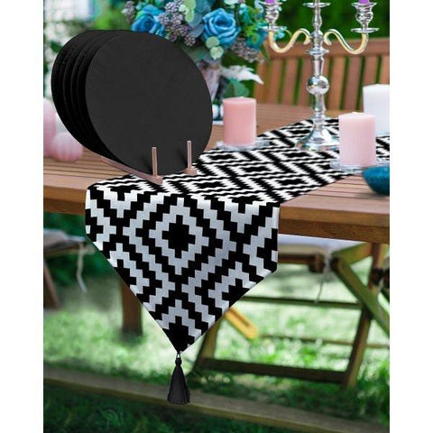 Geometric Runner & Placemat Set|Black White Tabletop|Set of 6 Supla Table Mat|Zigzag and Striped Tablecloth and American Service Underplate