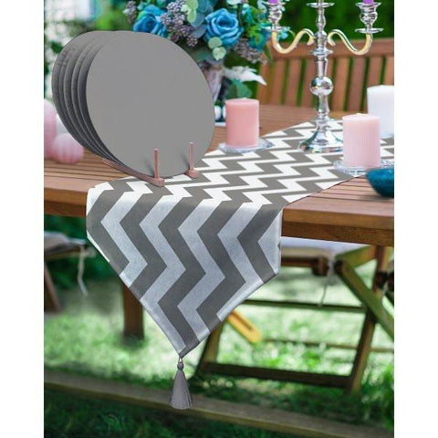 Zig Zag Table Runner & Placemat Set|Black Gray Tabletop|Set of 6 Supla Table Mat|Geometric Tablecloth and Round American Service Underplate