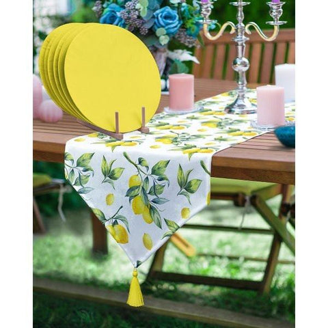 Lemon Table Runner & Placemat Set|Fresh Citrus Tabletop|Set of 6 Supla Table Mat|Yellow Green Tablecloth and American Service Underplate