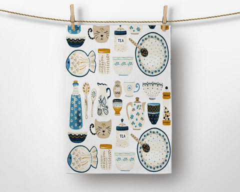 Decorative Tea Towel|Kitchen Utensil Towel|Tea Cup Kitchen Towel|Tea Riffic Times Print Towel|Housewarming Cat and Fish Print Dishcloth
