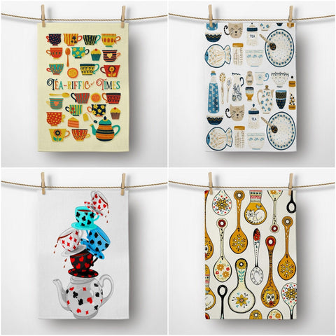 Decorative Tea Towel|Kitchen Utensil Towel|Tea Cup Kitchen Towel|Tea Riffic Times Print Towel|Housewarming Cat and Fish Print Dishcloth
