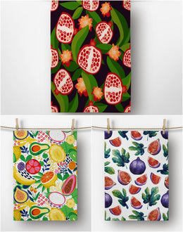 Fruit Kitchen Towel|Pomegranate Dish Towel|Decorative Tea Towel|Housewarming Colorful Hand Towel|Fig, Banana and Lemon Printed Hand Towel