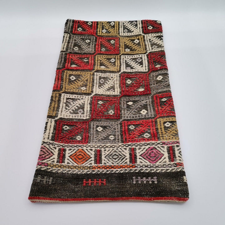 Turkish Kilim Pillow Cover|Checkered Kelim Cushion Case|Ottoman Rug Lumbar Pillow Top|Handwoven Anatolian Decor|Vintage Cushion Cover 12x24