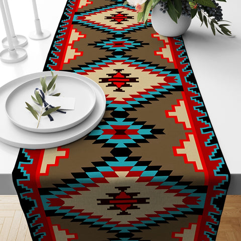 Rug Design Table Runner|Terracotta Southwestern Table Top|Aztec Print Home Decor|Authentic Rug Tabletop|Farmhouse Style Geometric Tablecloth