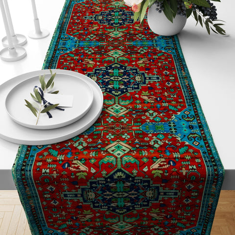 Rug Design Table Runner|Turkish Kilim Table Centerpiece|Ethnic Print Home Decor|Authentic Rug Tabletop|Farmhouse Style Worn Looking Runner