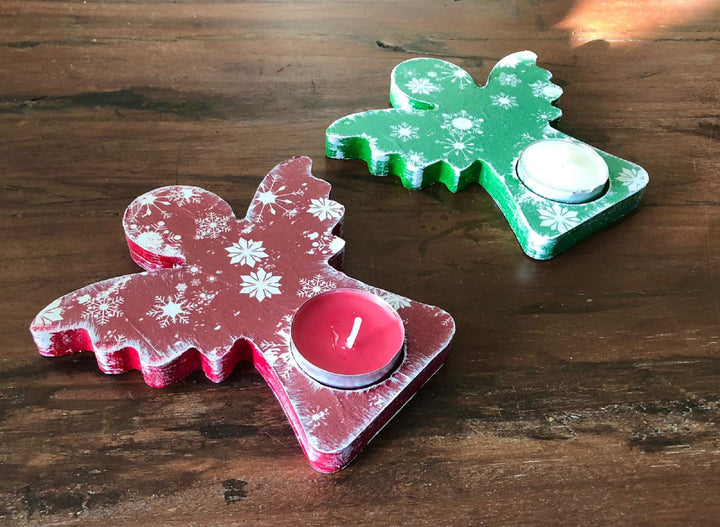 Set of 2 Wooden Candle Holder|Hand Painted Decor|Red Green Candle Holder Set|Angel Shaped Decor|Housewarming Gift For Women|Mothers Day Gift