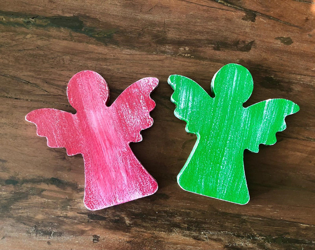 Set of 2 Wooden Candle Holder|Hand Painted Decor|Red Green Candle Holder Set|Angel Shaped Decor|Housewarming Gift For Women|Mothers Day Gift