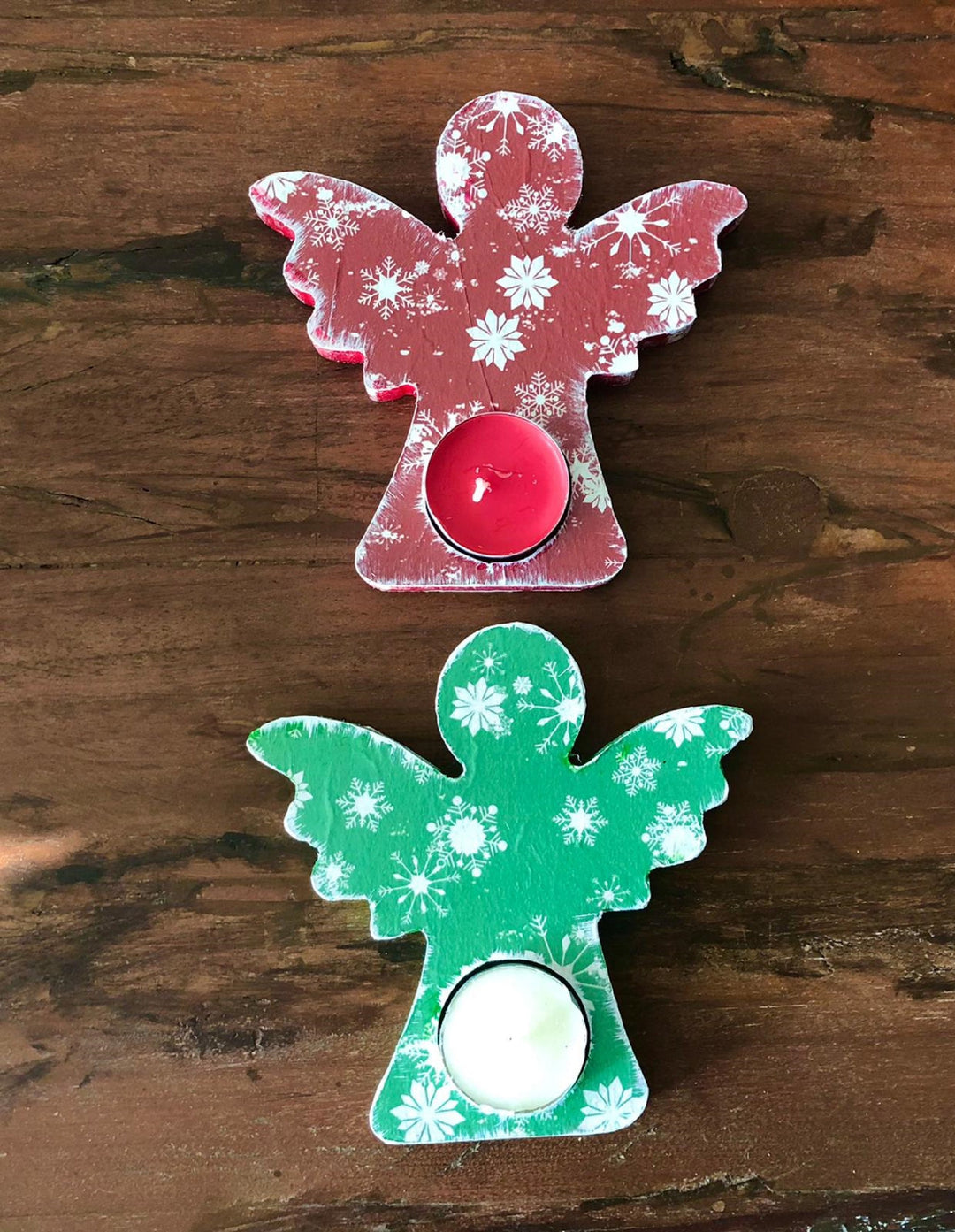 Set of 2 Wooden Candle Holder|Hand Painted Decor|Red Green Candle Holder Set|Angel Shaped Decor|Housewarming Gift For Women|Mothers Day Gift