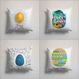Easter Pillow Cover|Happy Easter Cushion Case|Decorative Yellow Blue Egg Throw Pillowtop|Bunny Print Holiday Decor|Farmhouse Spring Cushion
