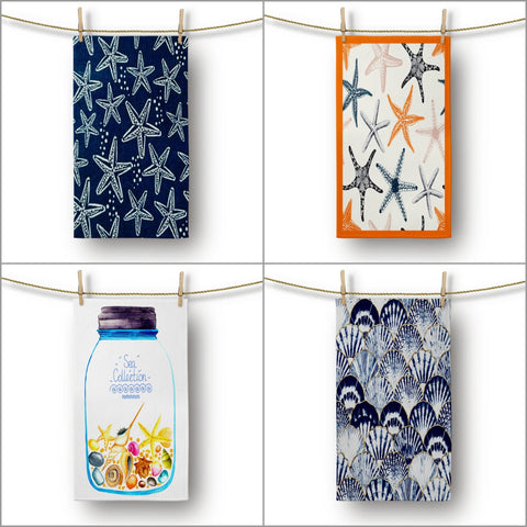 Nautical Hand Towel|Starfish, Oyster and Seashell Print Dish Towel|Coastal Tea Towel|Housewarming Summer Trend Towel|Towel for Restaurant