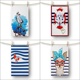 Nautical Hand Towel|Seagull, Dog and Cat Print Dish Towel|Striped Crab Coastal Tea Towel|Housewarming Summer Trend Towel|Restaurant Towel
