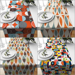 Mid Century Table Runner|Abstract Geometric Tablecloth|Beige Orange Blue Modern Home Decor|60's 70's Farmhouse Kitchen Retro Table Runner