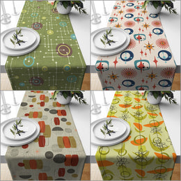 Mid Century Table Runner|Abstract Geometric Tablecloth|Atomic Print Modern Home Decor|60's 70's Kitchen Rustic Tabletop|Retro Table Runner