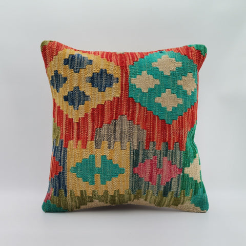 Turkish Kilim Pillow Cover|Ethnic Ottoman Throw Pillow Top|Vintage Rug Cushion Case|Handwoven Antique Cushion Cover|Boho Bedding Decor 16x16