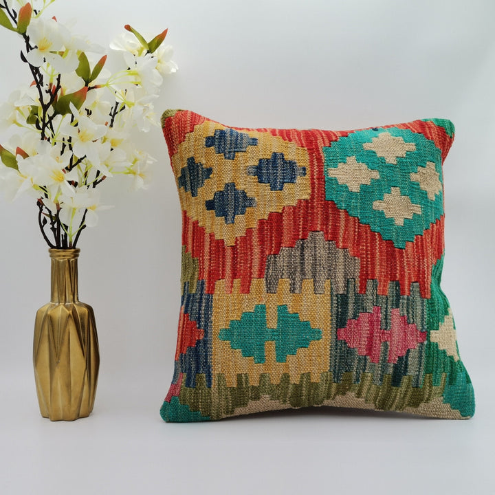 Turkish Kilim Pillow Cover|Ethnic Ottoman Throw Pillow Top|Vintage Rug Cushion Case|Handwoven Antique Cushion Cover|Boho Bedding Decor 16x16