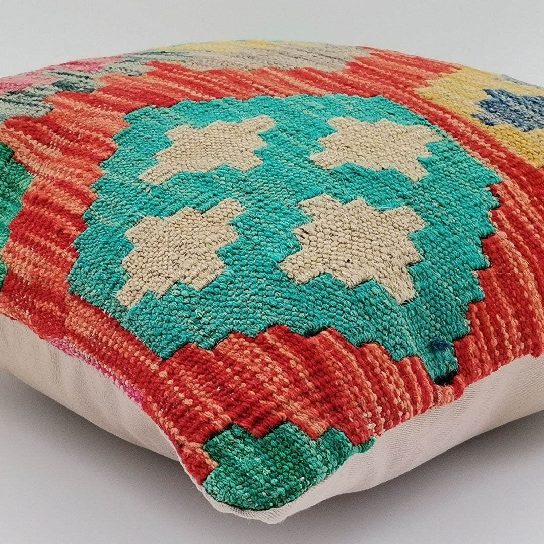 Turkish Kilim Pillow Cover|Ethnic Ottoman Throw Pillow Top|Vintage Rug Cushion Case|Handwoven Antique Cushion Cover|Boho Bedding Decor 16x16