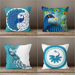 Peacock Pillow Case|Decorative Cushion Cover|Animal Print Home Decor|Housewarming Turquoise White Cushion Case|Peacock Feather Throw Pillow
