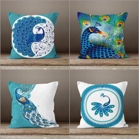 Peacock Pillow Case|Decorative Cushion Cover|Animal Print Home Decor|Housewarming Turquoise White Cushion Case|Peacock Feather Throw Pillow