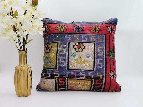 Vintage Kilim Pillow Cover|Turkish Kilim Cushion Case|Antique Floral Bird Throw Pillowcase|Ottoman Rug Decor|Handwoven Rug Cushion 16x16