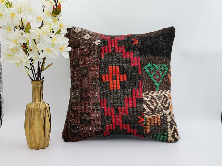Vintage Kilim Pillow Cover|Turkish Kilim Cushion|Geometric Anatolian Throw Pillow Top|Boho Bedding Decor|Handwoven Rug Cushion Case 16x16