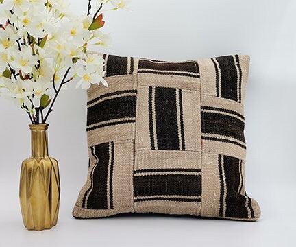 Vintage Kilim Pillow Cover|Turkish Kilim Cushion Case|Geometric Brown Anatolian Decor|Ottoman Rug Pillow Top|Handwoven Rug Cushion 16x16