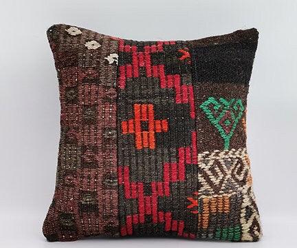 Vintage Kilim Pillow Cover|Turkish Kilim Cushion|Geometric Anatolian Throw Pillow Top|Boho Bedding Decor|Handwoven Rug Cushion Case 16x16