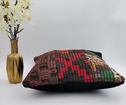 Vintage Kilim Pillow Cover|Turkish Kilim Cushion|Geometric Anatolian Throw Pillow Top|Boho Bedding Decor|Handwoven Rug Cushion Case 16x16