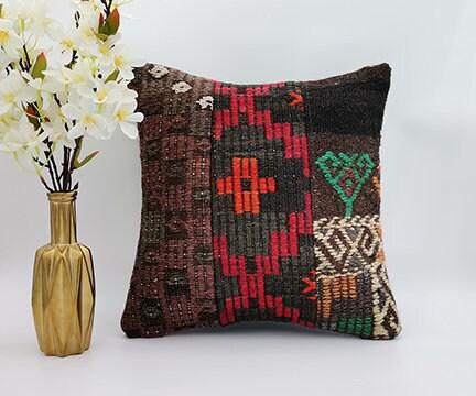 Vintage Kilim Pillow Cover|Turkish Kilim Cushion|Geometric Anatolian Throw Pillow Top|Boho Bedding Decor|Handwoven Rug Cushion Case 16x16