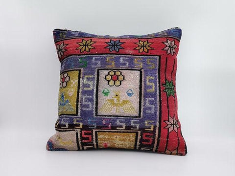 Vintage Kilim Pillow Cover|Turkish Kilim Cushion Case|Antique Floral Bird Throw Pillowcase|Ottoman Rug Decor|Handwoven Rug Cushion 16x16