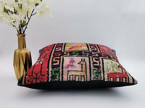 Vintage Kilim Pillow Cover|Turkish Kilim Cushion Case|Animal Print Kelim Pillowcase|Floral Ottoman Rug Decor|Handwoven Rug Cushion 16x16