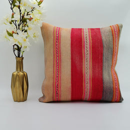Vintage Kilim Pillow Cover|Kelim Home Decor|Eclectic Ottoman Throw Pillow|Boho Bedding Decor|Handwoven Rug Cushion Case with Stripes 16x16