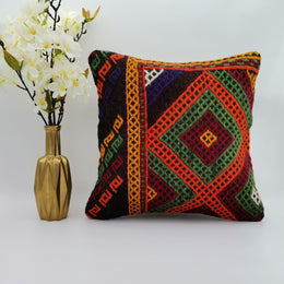 Turkish Kilim Pillow Cover|Geometric Pattern Vintage Kelim Cushion Case|Ottoman Throw Pillow Top|Handwoven Anatolian Rug Cushion Case 16x16