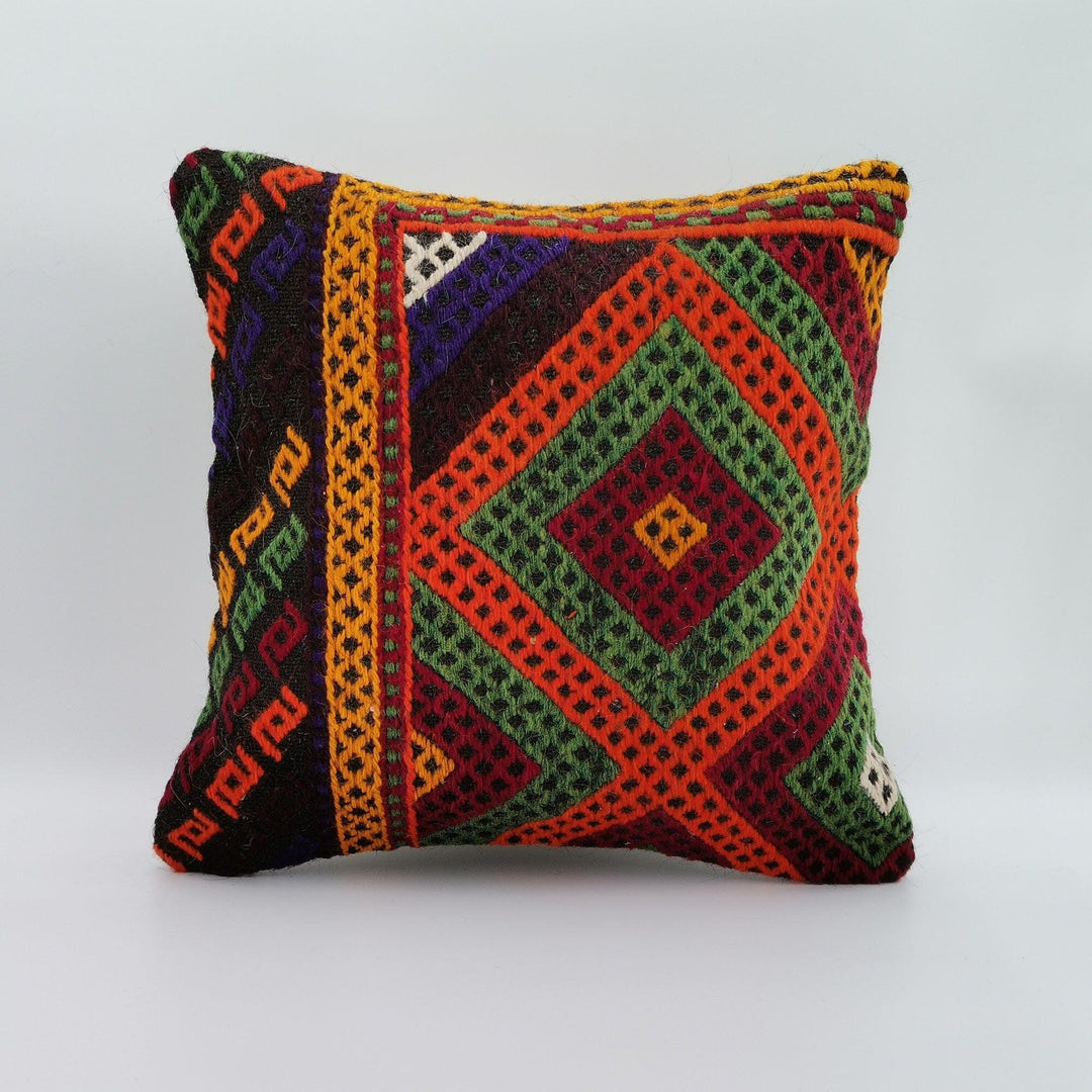 Turkish Kilim Pillow Cover|Geometric Pattern Vintage Kelim Cushion Case|Ottoman Throw Pillow Top|Handwoven Anatolian Rug Cushion Case 16x16