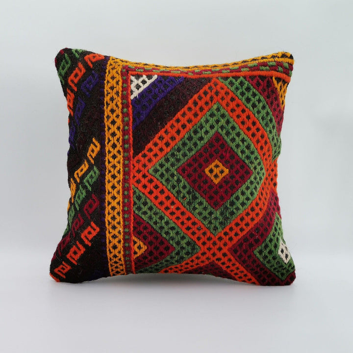 Turkish Kilim Pillow Cover|Geometric Pattern Vintage Kelim Cushion Case|Ottoman Throw Pillow Top|Handwoven Anatolian Rug Cushion Case 16x16