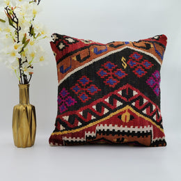 Turkish Kilim Pillow Cover|Red Black Vintage Kelim Cushion Case|Ethnic Throw Pillow Top|Handwoven Anatolian Rug Design Cushion Case 16x16