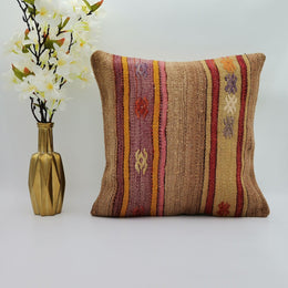 Turkish Kilim Pillow Cover|Farmhouse Vintage Kelim Cushion Case|Rustic Throw Pillow Top|Handwoven Anatolian Rug Design Cushion Case 16x16