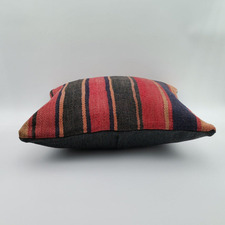 Turkish Kilim Pillow Cover|Red Black Striped Kelim Cushion Case|Anatolian Vintage Throw Pillow Top|Handwoven Rug Design Cushion Case 16x16