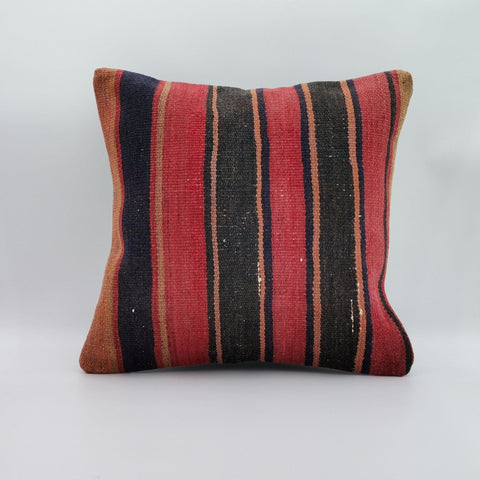 Turkish Kilim Pillow Cover|Red Black Striped Kelim Cushion Case|Anatolian Vintage Throw Pillow Top|Handwoven Rug Design Cushion Case 16x16